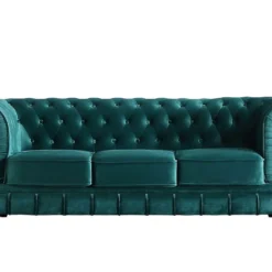 Canapé 3 Places En Velours Coloris Vert - Longueur 211 X Profondeur 84 X Hauteur 75 Cm