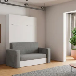 Lit Escamotable Canapé 140 X 200 Cm - Ouverture Verticale Manuelle - Blanc Et Gris - VACIALA II -Promos Chesteris Boutique lit 20891251