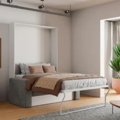 Lit Escamotable Canapé 140 X 200 Cm - Ouverture Verticale Manuelle - Blanc Et Gris - VACIALA II