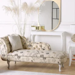 Chaise Longue Chesterfield En Tissu Imprimé Beige Côté Gauche NIMES