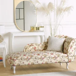 Chaise Longue Chesterfield En Tissu Beige à Motif Floral Côté Droit NIMES