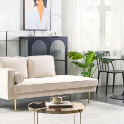 Chaise Longue Côté Gauche En Velours Beige MIRAMAS