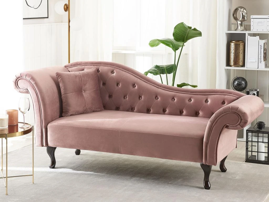 Chaise Longue Côté Gauche En Velours Rose LATTES 2 Chaise Longue Côté Gauche En Velours Rose LATTES – Image 2