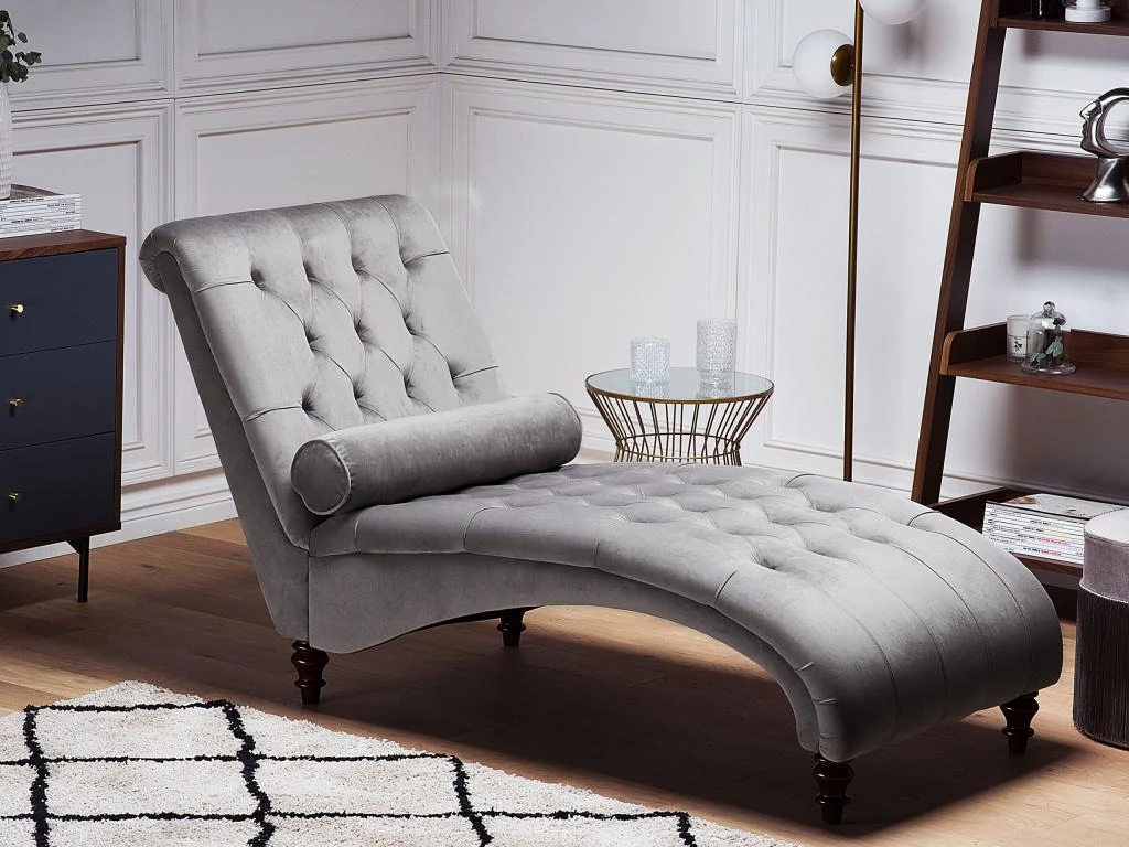 Chaise Longue En Velours Gris Clair MURET 2 Chaise Longue En Velours Gris Clair MURET – Image 2