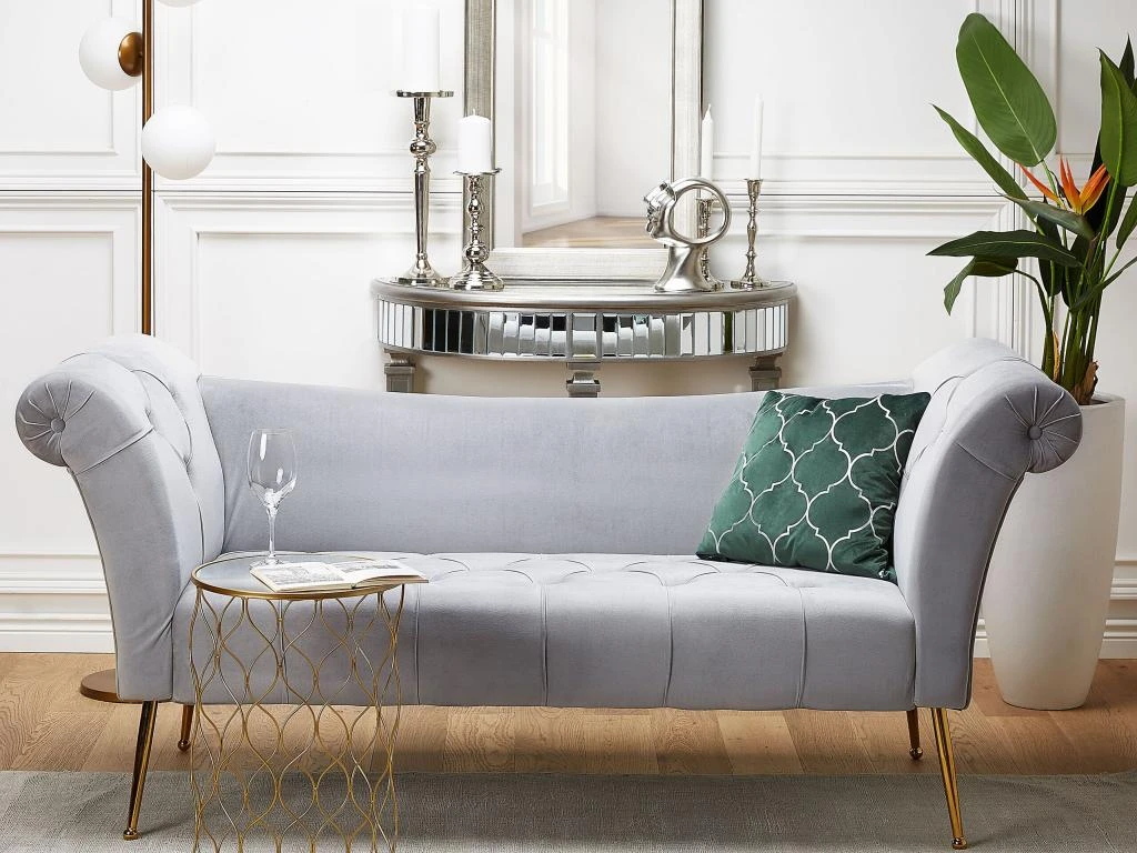 Chaise Longue En Velours Gris NANTILLY 2 Chaise Longue En Velours Gris NANTILLY – Image 2