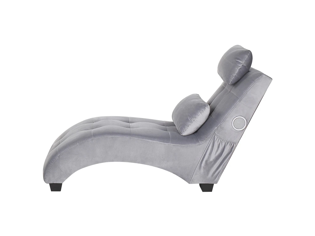 Chaise Longue En Velours Gris Clair Avec Haut Parleur Bluetooth Et Port USB SIMORRE 4 Chaise Longue En Velours Gris Clair Avec Haut Parleur Bluetooth Et Port USB SIMORRE – Image 4