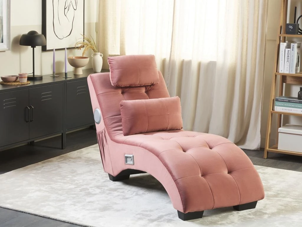 Chaise Longue En Velours Rose Avec Port USB Et Haut-parleur Bluetooth SIMORRE 2 Chaise Longue En Velours Rose Avec Port USB Et Haut-parleur Bluetooth SIMORRE – Image 2