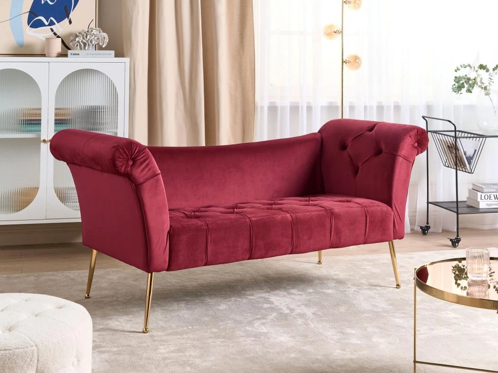 Chaise Longue En Velours Rouge Foncé NANTILLY 2 Chaise Longue En Velours Rouge Foncé NANTILLY – Image 2