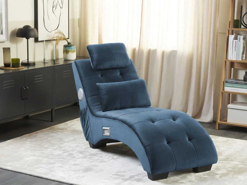 Chaise Longue En Velours Bleu Avec Port USB Et Haut-parleur Bluetooth SIMORRE 2 Chaise Longue En Velours Bleu Avec Port USB Et Haut-parleur Bluetooth SIMORRE – Image 2