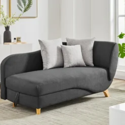 Méridienne Droite Convertible En Tissu Anthracite Avec Coffre De Rangement PENELOPE