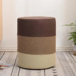 Pouf Assise Tissu Rond Marron Beige Vintage 45x35x35