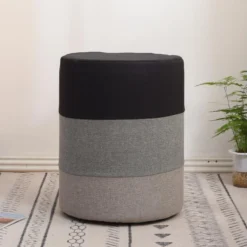 Pouf Assise Pouffe Tissu Rond Gris Blanc Vintage 45x35x35