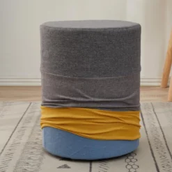 Tabouret Repose-pieds Pouf Rond Bois Tissu Jaune Gris 32x30x12 -Promos Chesteris Boutique pouf 12521017