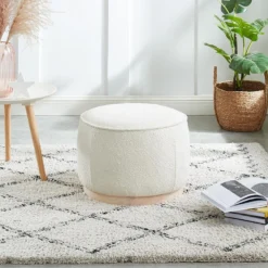 Pouf En Tissu Bouclette Et Socle En Bois Clair MILODEN