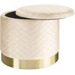 Pouf Tabouret Siège Coffre De Rangement Aspect Velours Matelassé Beige 08_0000576