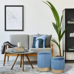 Lot De 2 Tabourets Pouf Avec Rangement Bleu Pour Salon