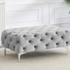 Pouf Chesterfield En Velours Gris Clair EDWINA