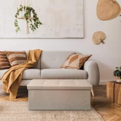 Pouf Rectangulaire De Rangement Beige Avec Couvercle Repose-Pieds