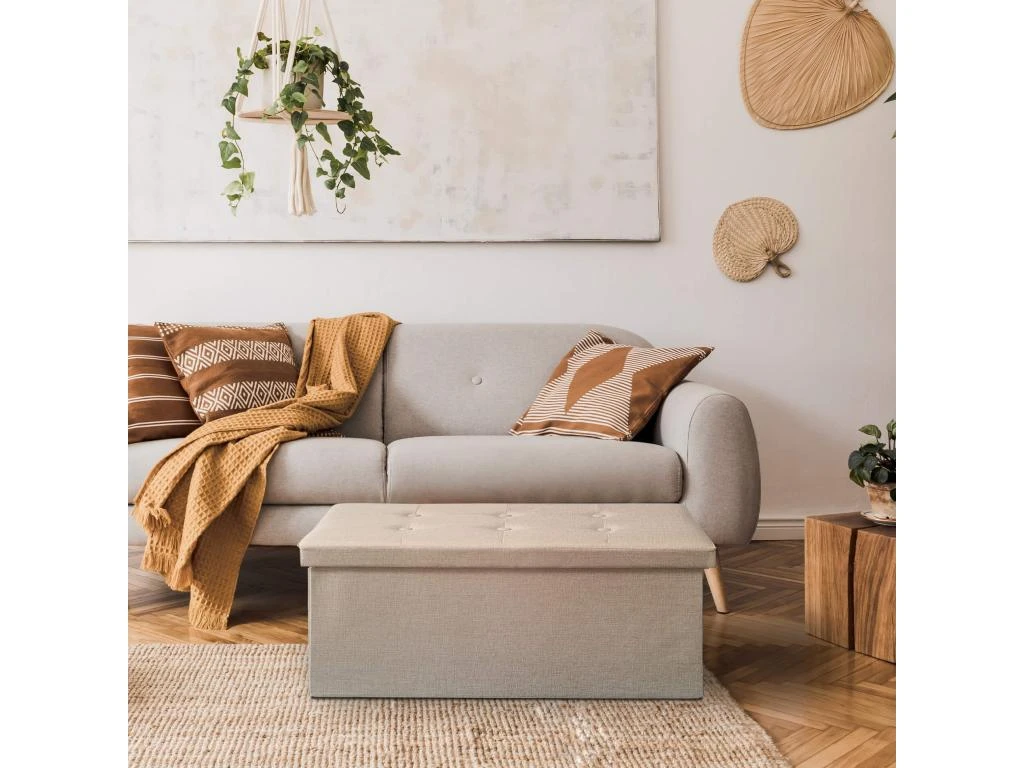 Pouf Rectangulaire De Rangement Beige Avec Couvercle Repose-Pieds 1 Pouf Rectangulaire De Rangement Beige Avec Couvercle Repose-Pieds