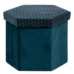 Pouf Pliant Et Coffre De Rangement En Velours Bleu Avec Motifs