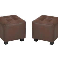 Lot De 2 Poufs ERNEST En Microfibre Aspect Cuir Vieilli - Marron
