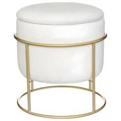 Pouf Et Coffre De Rangement En Velours Blanc Ivoire Et Support En Métal D 42 X H 44 Cm