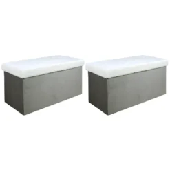 ARIE - Lot De 2 Poufs Coffres Rectangulaires Gris Imitation Fourrure