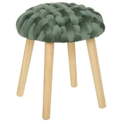 Tabouret Pied En Bois Et Assise Tricot Velours Vert Jade