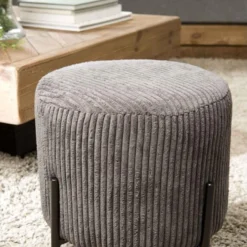 ALBANE - Tabouret Rond 36x36cm Tissu Velours Côtelé Gris Anthracite Pieds Métal -Promos Chesteris Boutique tabouret bas 14661625