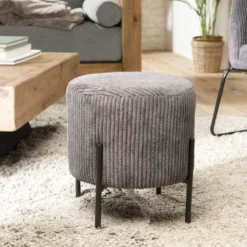 ALBANE - Tabouret Rond 36x36cm Tissu Velours Côtelé Gris Anthracite Pieds Métal -Promos Chesteris Boutique tabouret bas 14661629