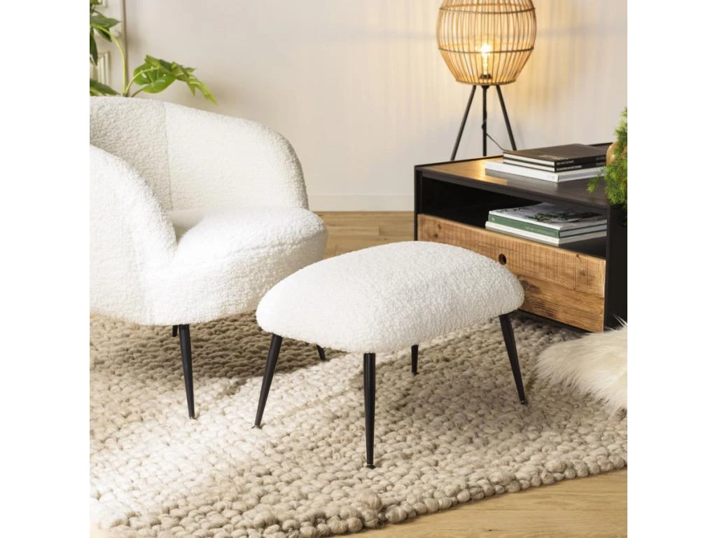 ALBANE - Tabouret Cosy Tissu Bouclette Blanc Pieds Métal Noir 5 ALBANE - Tabouret Cosy Tissu Bouclette Blanc Pieds Métal Noir – Image 5