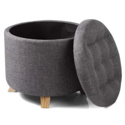 Tabouret D'assise En Lin Avec Rangements Bois Massif Gris Foncé 19_0000609