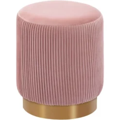 Tabouret Rembourré Rond Pouf Base Métallique Doré En Tissu Plissé Velours Rose TABO09072