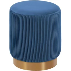 Tabouret Rembourré Rond Pouf Base Métallique Doré En Tissu Plissé Velours Bleu TABO09069