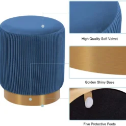 Tabouret Rembourré Rond Pouf Base Métallique Doré En Tissu Plissé Velours Bleu TABO09069 -Promos Chesteris Boutique tabouret bas 22741047