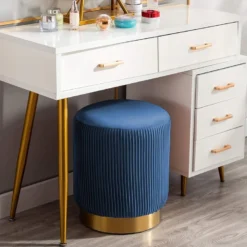 Tabouret Rembourré Rond Pouf Base Métallique Doré En Tissu Plissé Velours Bleu TABO09069 -Promos Chesteris Boutique tabouret bas 22741051