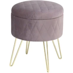 Tabouret Rembourré Avec Espace De Rangement En Velours Rond Rose 19_0000222