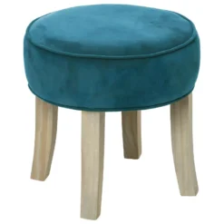 Tabouret Velours Bleu Canard Et Pieds En Bois Naturel 35 X 35 Cm