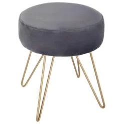 Tabouret En Velours Gris Et Pieds En Métal Doré H 40 Cm