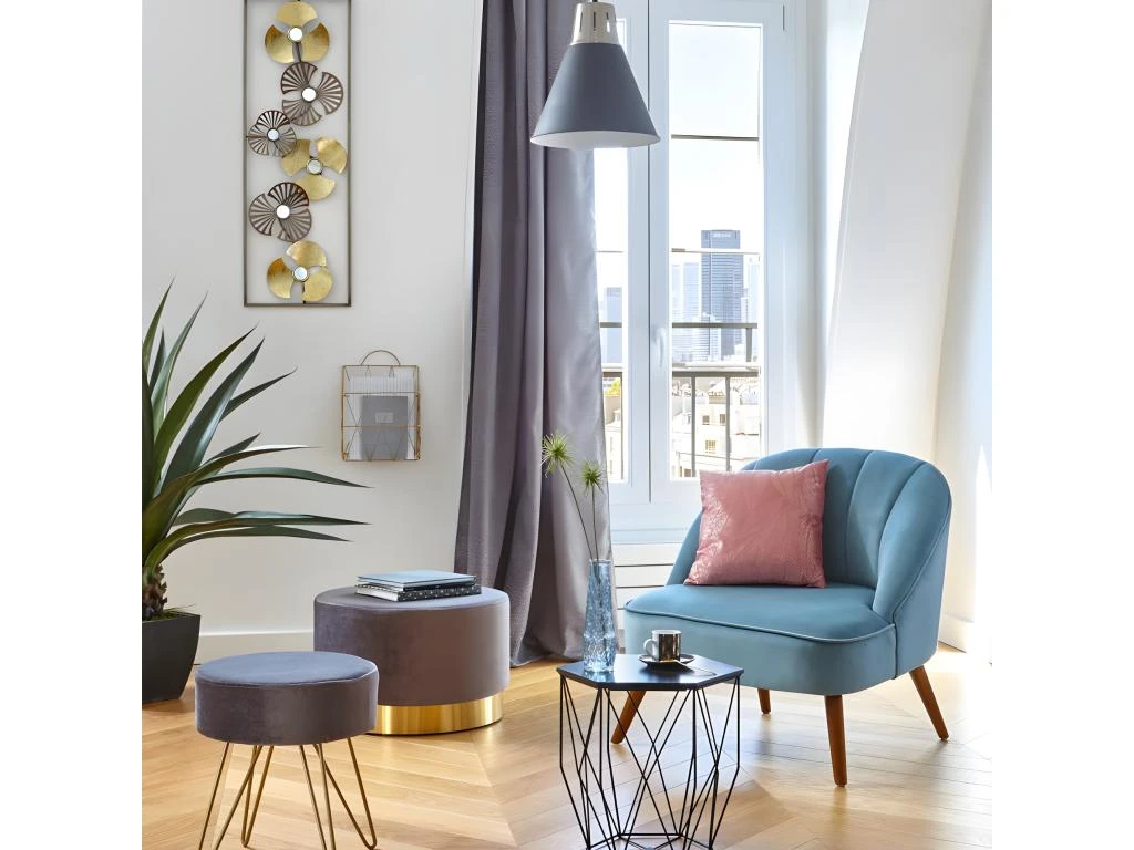 Tabouret En Velours Gris Et Pieds En Métal Doré H 40 Cm 2 Tabouret En Velours Gris Et Pieds En Métal Doré H 40 Cm – Image 2