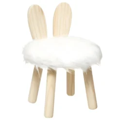 Tabouret Pour Enfant Lapin En Bois Et Fourrure Blanche H 38 Cm