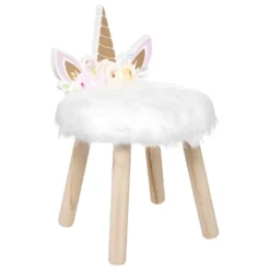 Tabouret Pour Enfant Licorne En Bois Et Fourrure Blanche H 40 Cm